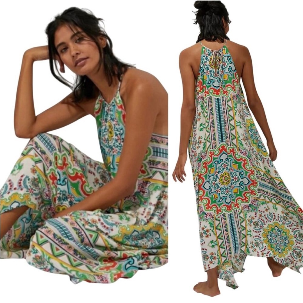 Anthropologie Cream Multicolor Boho Halter Maxi Dress